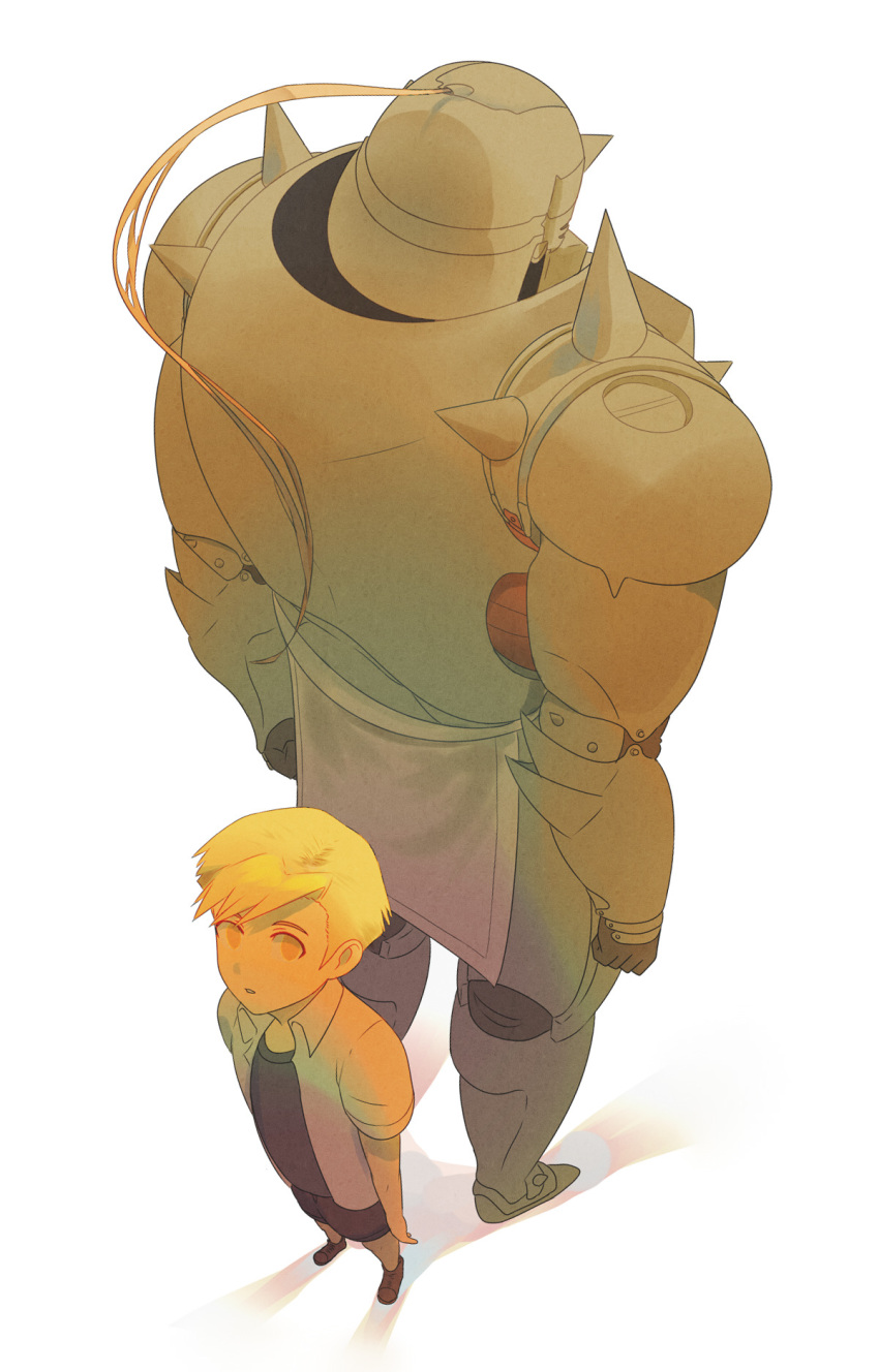 2boys, alphonse_elric, ankle_boots, armor, arms_at_sides, back-to-back, backlighting, bangs, black_shorts, blank_eyes, blonde_hair, boots, brown_footwear, child, collared_shirt, commentary, dress_shirt, dual_persona, elbow_spikes, english_commentary, expressionless, fisheye, from_above, full_armor, full_body, fullmetal_alchemist, gauntlets, grey_shirt, helmet, highres, legs_apart, loincloth, looking_at_viewer, looking_up, male_focus, multiple_boys, parted_lips, perspective, shadow, shirt, shoes, short_sleeves, shorts, shoulder_spikes, simple_background, size_difference, spiked_helmet, spikes, standing, swept_bangs, tsurime, undershirt, vanishing_point, white_background, white_shirt, yellow_eyes, zoruanna