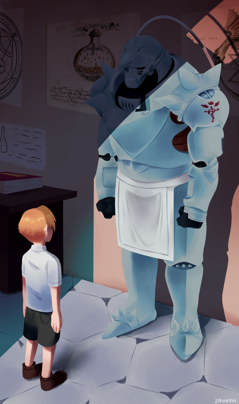 1boy, against_wall, alphonse_elric, armor, arms_at_sides, artist_name, backlighting, black_shorts, blonde_hair, book, brown_footwear, child, collared_shirt, commentary, english_commentary, facing_away, flamel_symbol, floor, from_behind, full_armor, fullmetal_alchemist, gauntlets, helmet, highres, indoors, loincloth, looking_at_object, magic_circle, male_focus, shadow, shiny, shiny_hair, shirt, shoes, short_sleeves, shorts, shoulder_spikes, size_difference, spiked_footwear, spiked_helmet, spikes, standing, stone_floor, table, wall, white_shirt, zoruanna