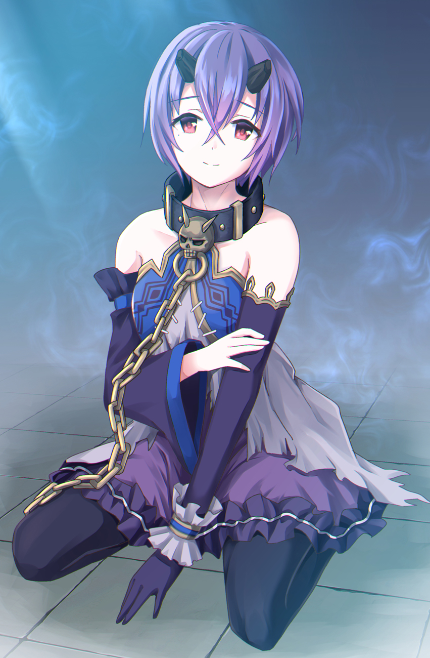 1girl, animal_collar, bangs, black_collar, black_legwear, black_sleeves, broken_horn, chain