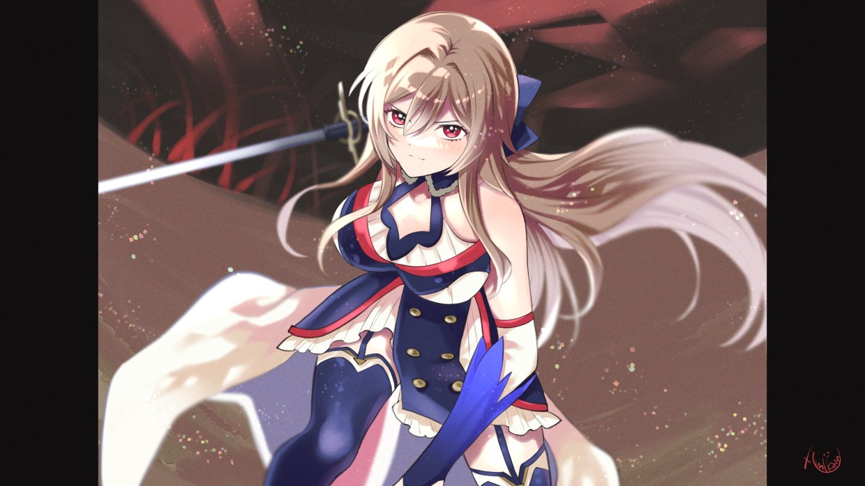 1girl, bangs, bare_shoulders, blue_bow, blue_dress, blue_gloves, blue_legwear, bow