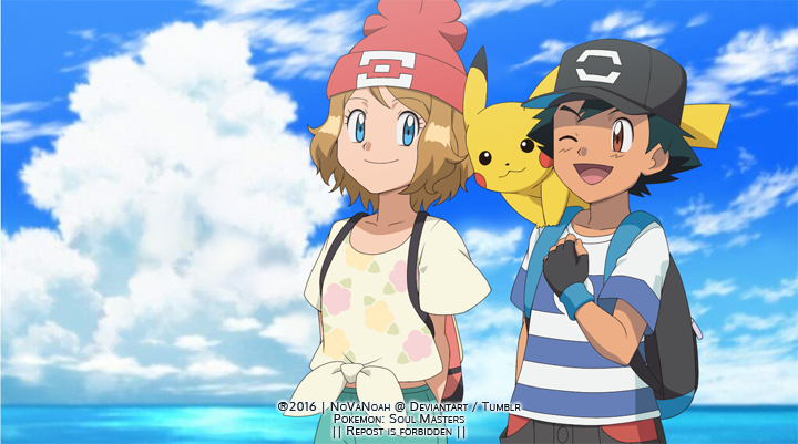 1boy, 1girl, ;d, ash_ketchum, backpack, bag, baseball_cap, beanie, black_hair, black_headwear, blue_eyes, brown_eyes, closed_mouth, clouds, commentary, cosplay, day, elio_(pokemon), elio_(pokemon)_(cosplay), english_commentary, eyelashes, gen_1_pokemon, green_shorts, hat, medium_hair, noelia_ponce, one_eye_closed, open_mouth, outdoors, pants, pikachu, pokemon, pokemon_(anime), pokemon_(creature), pokemon_(game), pokemon_sm, pokemon_xy_(anime), red_headwear, selene_(pokemon), selene_(pokemon)_(cosplay), shiny, shiny_hair, shirt, short_sleeves, shorts, sky, smile, striped, striped_shirt, t-shirt, tied_shirt, yellow_shirt
