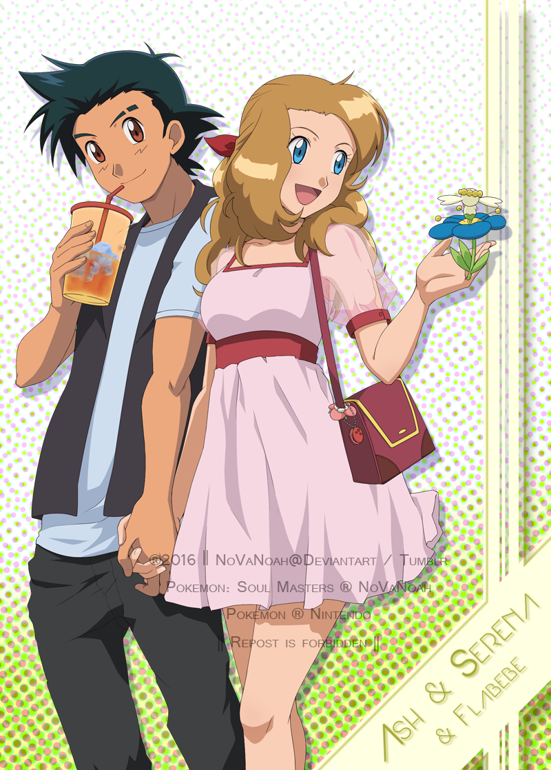 1boy, 1girl, ash_ketchum, bag, bangs, black_hair, black_pants, brown_eyes, closed_mouth, commentary, cup, dress, drinking_straw, english_commentary, flabebe, flabebe_(blue), gen_6_pokemon, grey_shirt, hair_ribbon, hand_up, handbag, holding, holding_cup, holding_hands, noelia_ponce, older, pants, pink_dress, pokemon, pokemon_(anime), pokemon_(creature), pokemon_xy_(anime), red_ribbon, ribbon, shiny, shiny_hair, shirt, short_sleeves, smile, t-shirt, vest