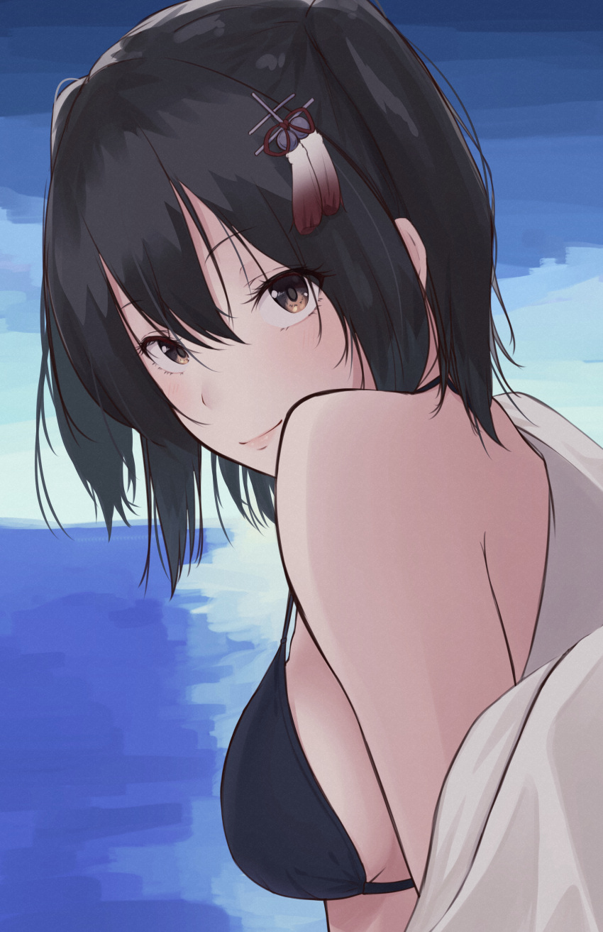 1girl, absurdres, bangs, bare_shoulders, bikini, black_bikini, black_hairband, breasts, brown_eyes, closed_mouth, commentary, from_side, hair_between_eyes, hair_ornament, hairband, highres, kantai_collection, lips, looking_at_viewer, looking_back, looking_to_the_side, medium_breasts, ocean, off_shoulder, sendai_(kancolle), shirt, short_hair, sideboob, sky, smile, solo, swimsuit, two_side_up, undressing, upper_body, urara_(uraom0te), white_shirt