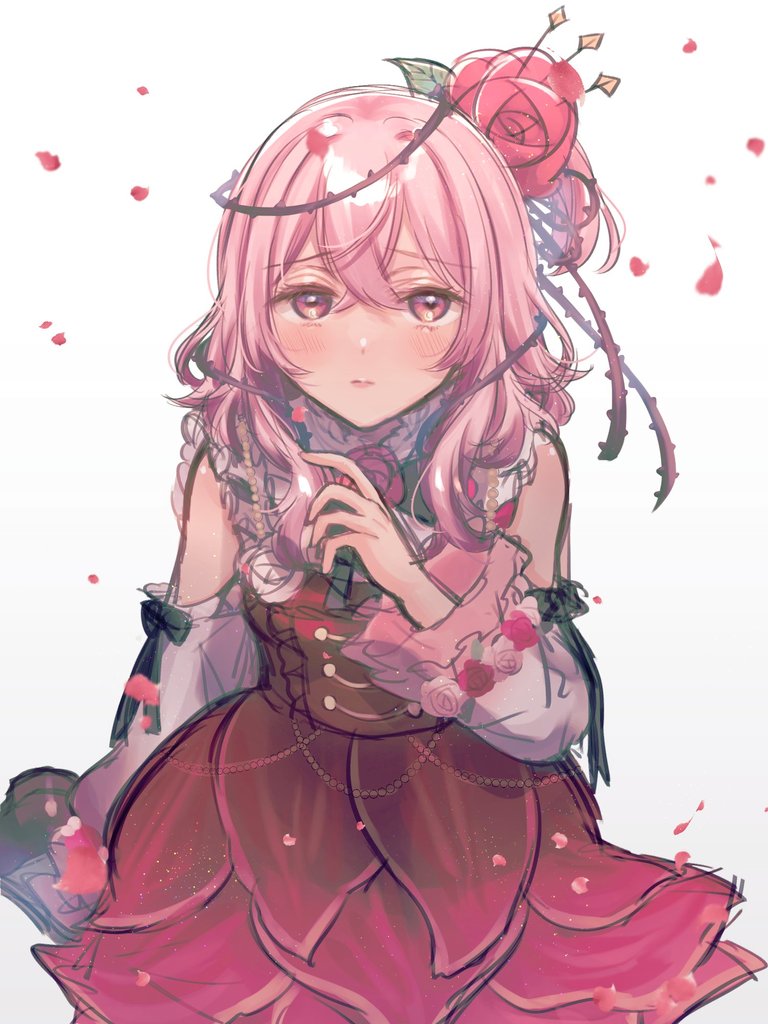 1girl, bangs, blush, chiro_mo_ni_yon, clothing_cutout, dress, eyebrows_visible_through_hair, flower