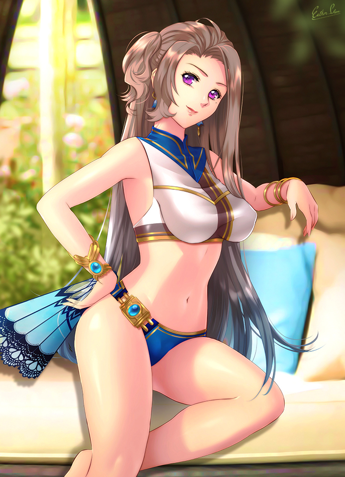 armlet, bracelet, brown_hair, earrings, eiyuu_densetsu, hand_fan, hand_on_hip, jewelry