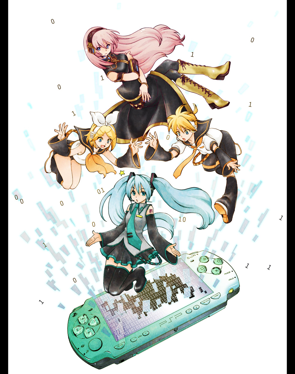 1boy, 3girls, binary, blonde_hair, blue_eyes, boots, hatsune_miku, headphones, highres, kagamine_len, kagamine_rin, kotoraya, megurine_luka, multiple_girls, pink_hair, playstation_portable, psp, thighhighs, vocaloid