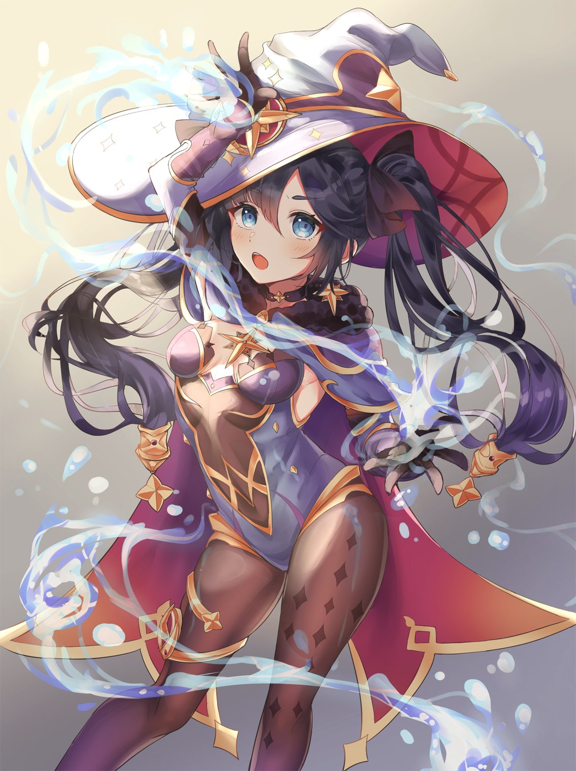 1girl, bangs, black_hair, blue_eyes, blush, breasts, capelet, choker