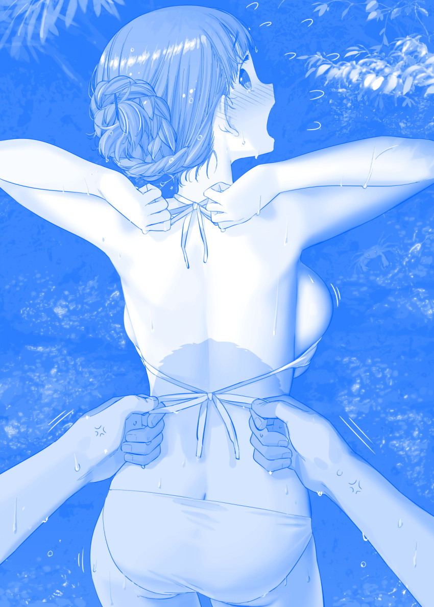 1boy, 1girl, anger_vein, ass, bikini, bikini_tug, blue_theme, blush, braid, breasts, butt_crack, commentary_request, flying_sweatdrops, getsuyoubi_no_tawawa, highres, himura_kiseki, inaka-chan_(tawawa), large_breasts, nose_blush, open_mouth, shadow, sideboob, skindentation, swimsuit, tied_hair, tying, wet