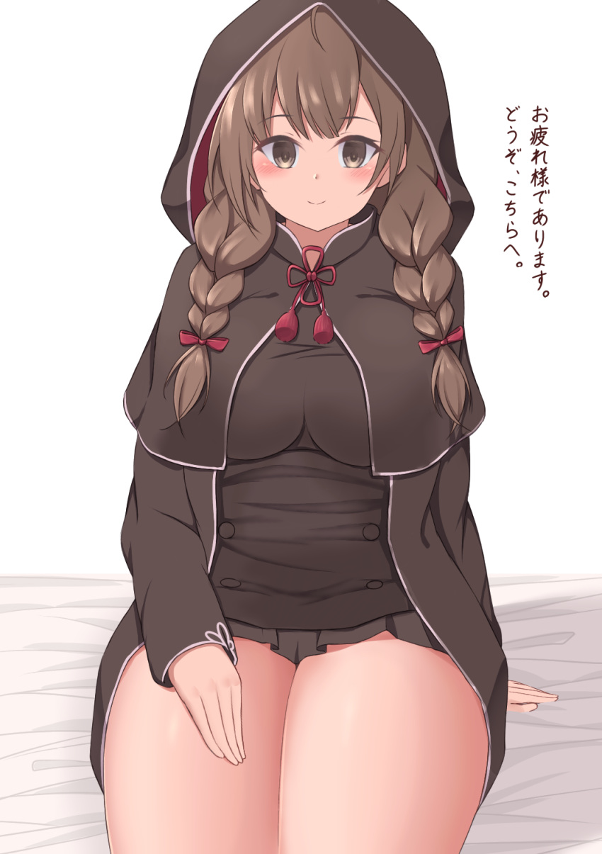 1girl, 88942731ne, ahoge, bed_sheet, black_capelet, black_dress, blush, braid
