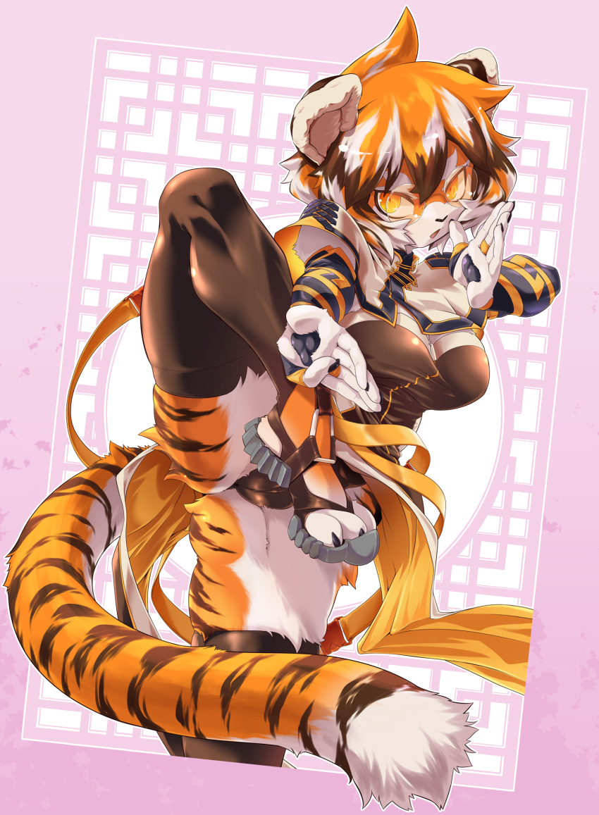 1girl, animal_ears, arknights, black_legwear, chinese_clothes, fighting_stance, furry, furry_female