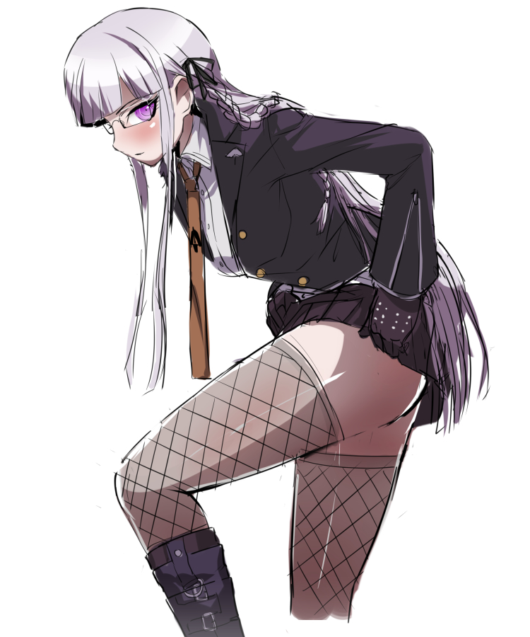 1girl, akisora, ass, black_footwear, black_gloves, boots, braid, collared_shirt, commentary_request, dangan_ronpa:_trigger_happy_havoc, dangan_ronpa_(series), dangan_ronpa_3_(anime), fishnet_legwear, fishnets, gloves, hair_ornament, hair_ribbon, kirigiri_kyouko, long_hair, long_sleeves, necktie, pleated_skirt, purple_hair, ribbon, shirt, side_braid, skirt, solo, thighs, violet_eyes, white_shirt