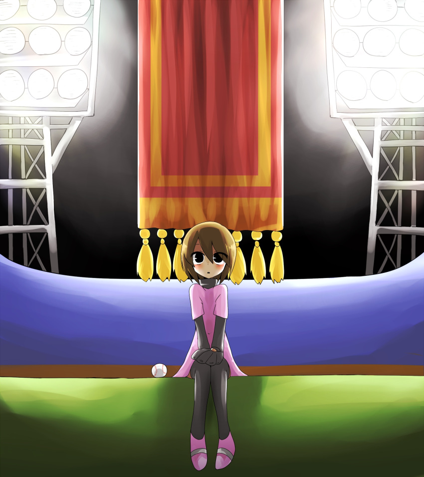 1girl, bangs, banner, baseball, baseball_mitt, black_eyes, black_legwear, black_undershirt