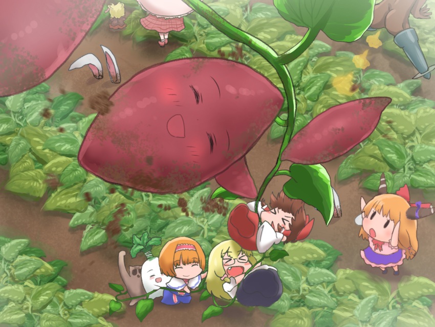 >_<, 1boy, 6+girls, alice_margatroid, animal_ears, ass, black_dress, blonde_hair