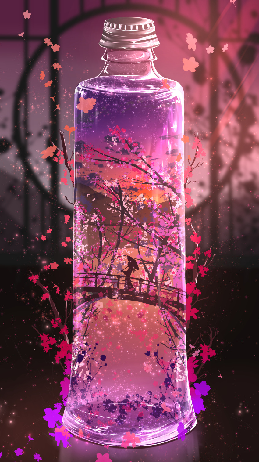 1girl, abisswalker8, absurdres, bottle, branch, cherry_blossoms, dark_room, floor