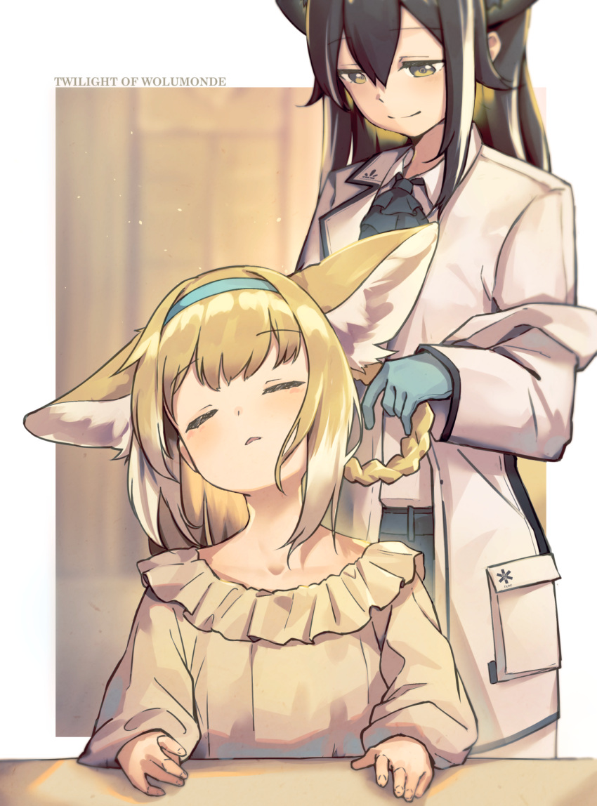 2girls, animal_ear_fluff, animal_ears, arknights, ascot, black_hair, black_neckwear, blonde_hair