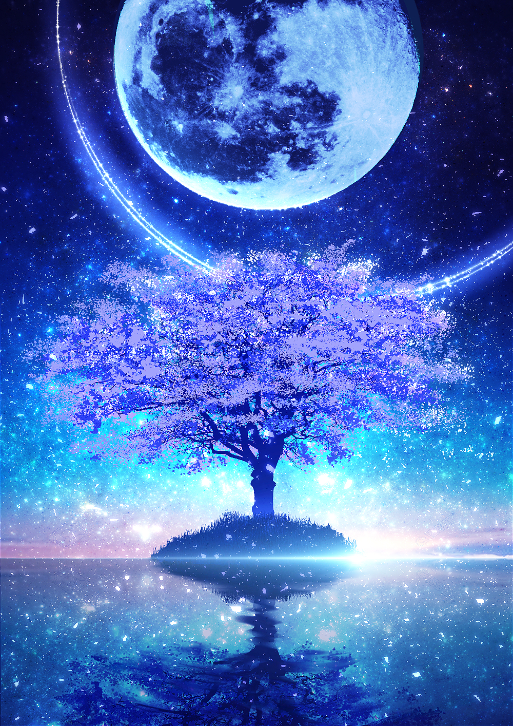 branch, cherry_blossoms, clouds, full_moon, grass, highres, horizon, lens_flare