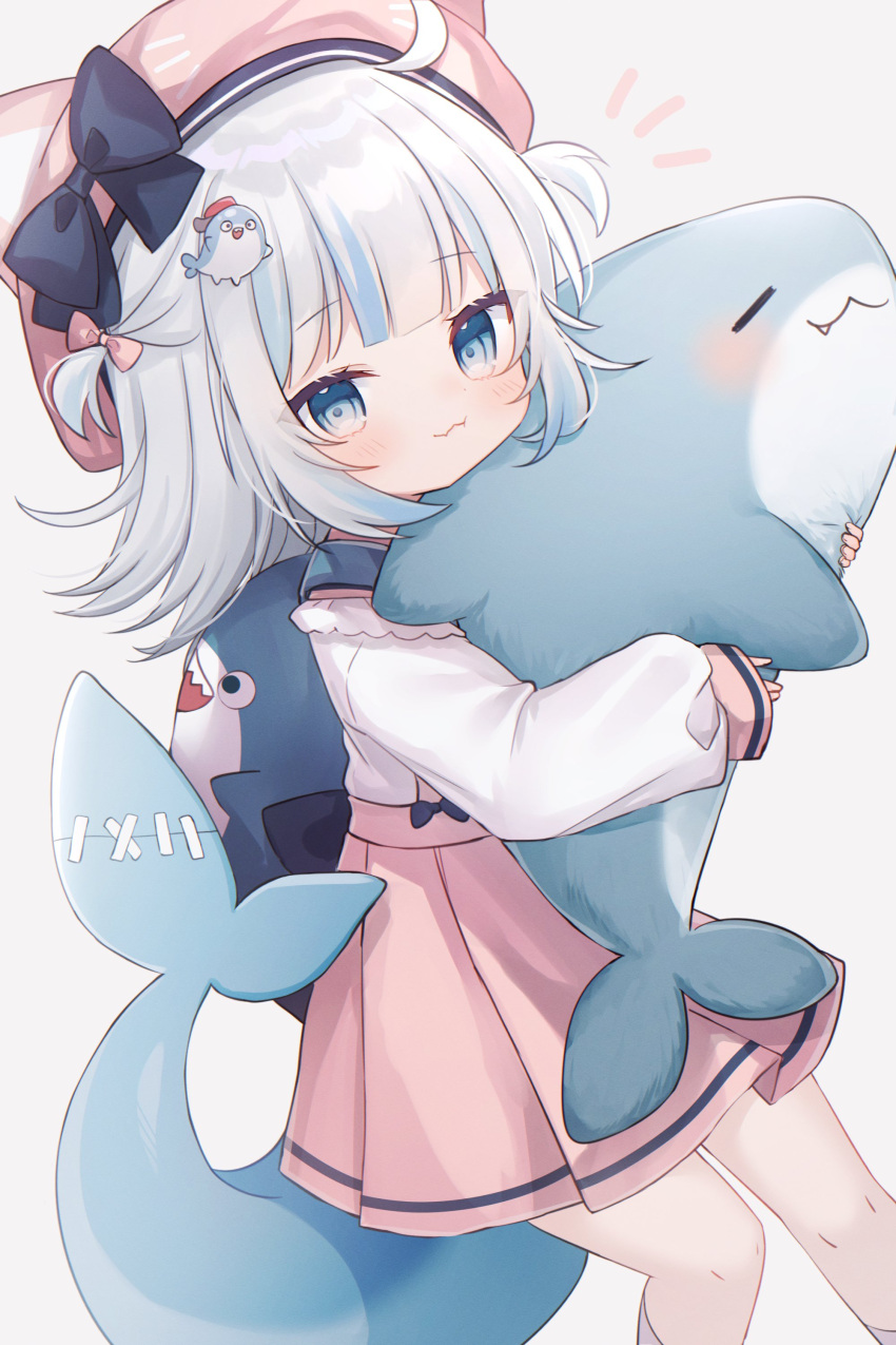 1girl, :3, absurdres, ahoge, backpack, bag, bloop_(gawr_gura), blue_eyes