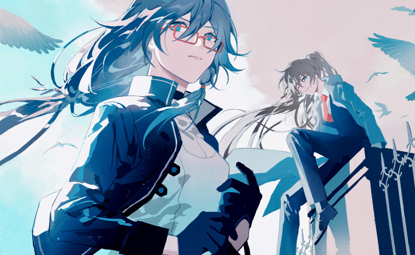 2girls, absurdres, bangs, bird, black_gloves, blue_sky, clouds, cloudy_sky, dual_persona, feathers, formal, fu_hua, glasses, gloves, hair_between_eyes, highres, honkai_(series), honkai_impact_3rd, jia456, long_hair, long_sleeves, looking_at_viewer, multiple_girls, necktie, one_eye_closed, open_mouth, outdoors, polo_shirt, ponytail, red_neckwear, shirt, sitting, sky, teeth, white_shirt