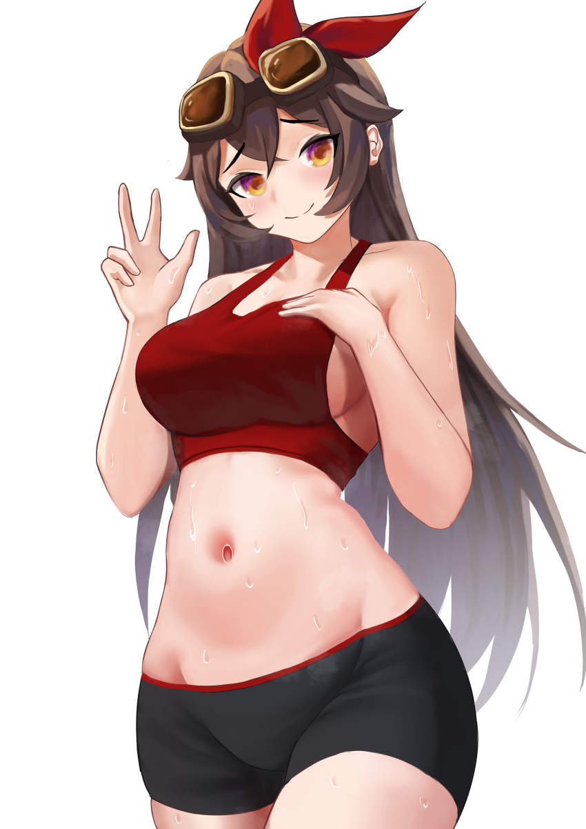 1girl, absurdres, amber_(genshin_impact), armpit_crease, bangs, bare_shoulders, bike_shorts, blush, breasts, brown_eyes, brown_hair, closed_mouth, collarbone, cowboy_shot, crossed_bangs, english_commentary, eyebrows_visible_through_hair, genshin_impact, goggles, goggles_on_head, groin, hair_between_eyes, hair_ribbon, hand_on_own_chest, highres, large_breasts, long_hair, looking_at_viewer, midriff, navel, red_ribbon, red_sports_bra, ribbon, ryo_(ryo_artys), sideboob, sidelocks, simple_background, smile, solo, sports_bra, standing, sweat, v, white_background