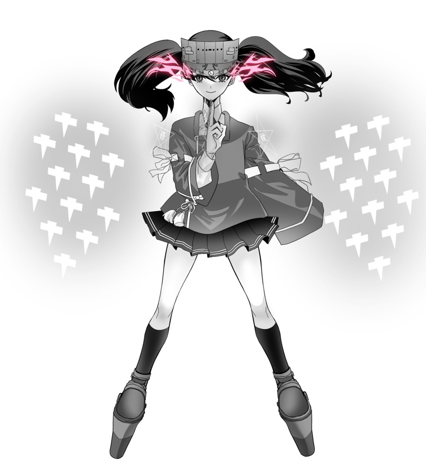 1girl, anno88888, bangs, full_body, greyscale, hair_between_eyes, hat, highres