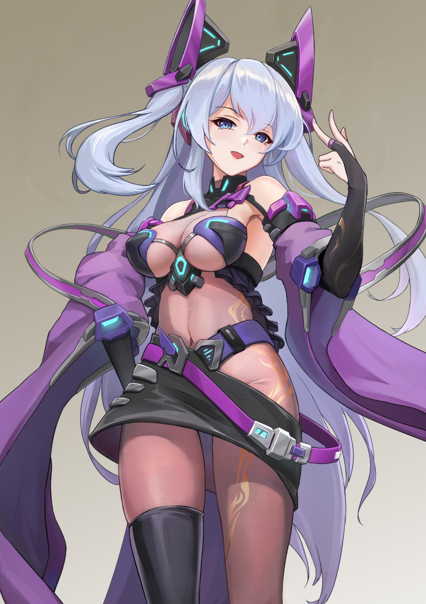 1girl, :d, animal_ears, asymmetrical_legwear, bare_shoulders, belt, between_breasts, black_legwear