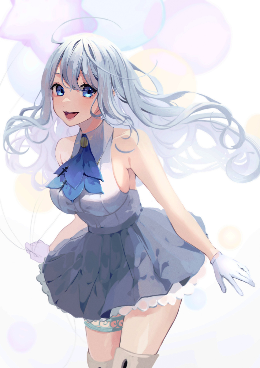 1girl, absurdres, alternate_breast_size, alternate_costume, ascot, balloon, ban_hada, bangs, blue_hair, blue_neckwear, blue_sky, breasts, collared_shirt, euphie_vt, gloves, grey_skirt, highres, holding, holding_balloon, large_breasts, leaning_forward, nijisanji, nijisanji_kr, shirt, sideboob, skirt, sky, sleeveless, smile, solo, thigh_strap, virtual_youtuber, white_background, white_gloves, white_shirt