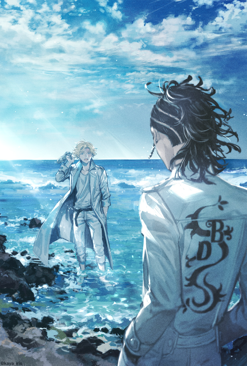 2boys, absurdres, arm_up, barefoot, belt, black_belt, black_hair, blonde_hair