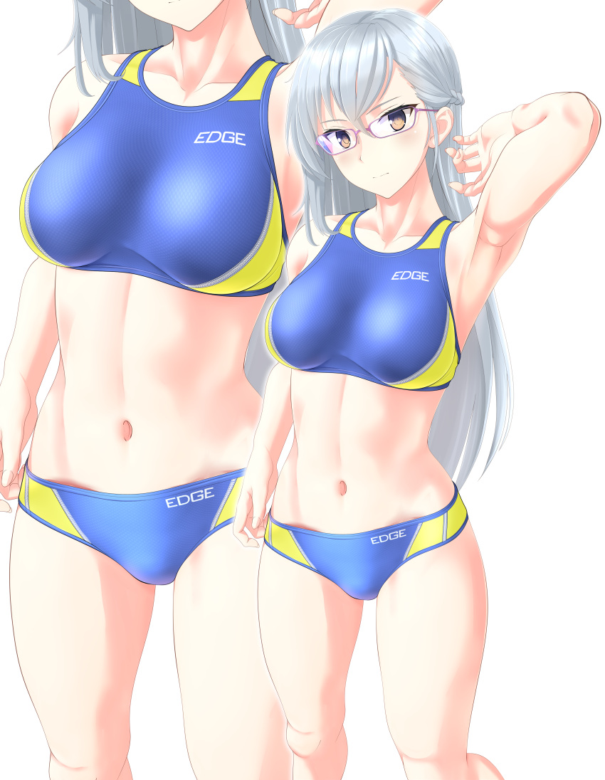 1girl, abs, absurdres, bikini, blue_bikini, breasts, brown_eyes, clothes_writing