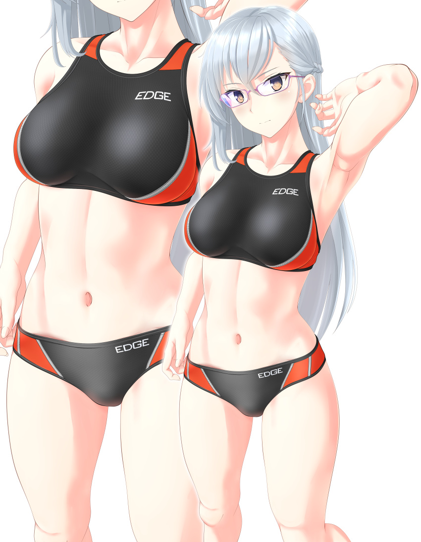 1girl, abs, absurdres, bikini, black_bikini, breasts, brown_eyes, clothes_writing, competition_swimsuit, covered_navel, cowboy_shot, glasses, highres, kitora_mirja, long_hair, medium_breasts, multicolored, multicolored_clothes, multiple_views, one-piece_swimsuit, silver_hair, simple_background, sports_bikini, standing, swimsuit, takafumi, toji_no_miko, white_background, zoom_layer
