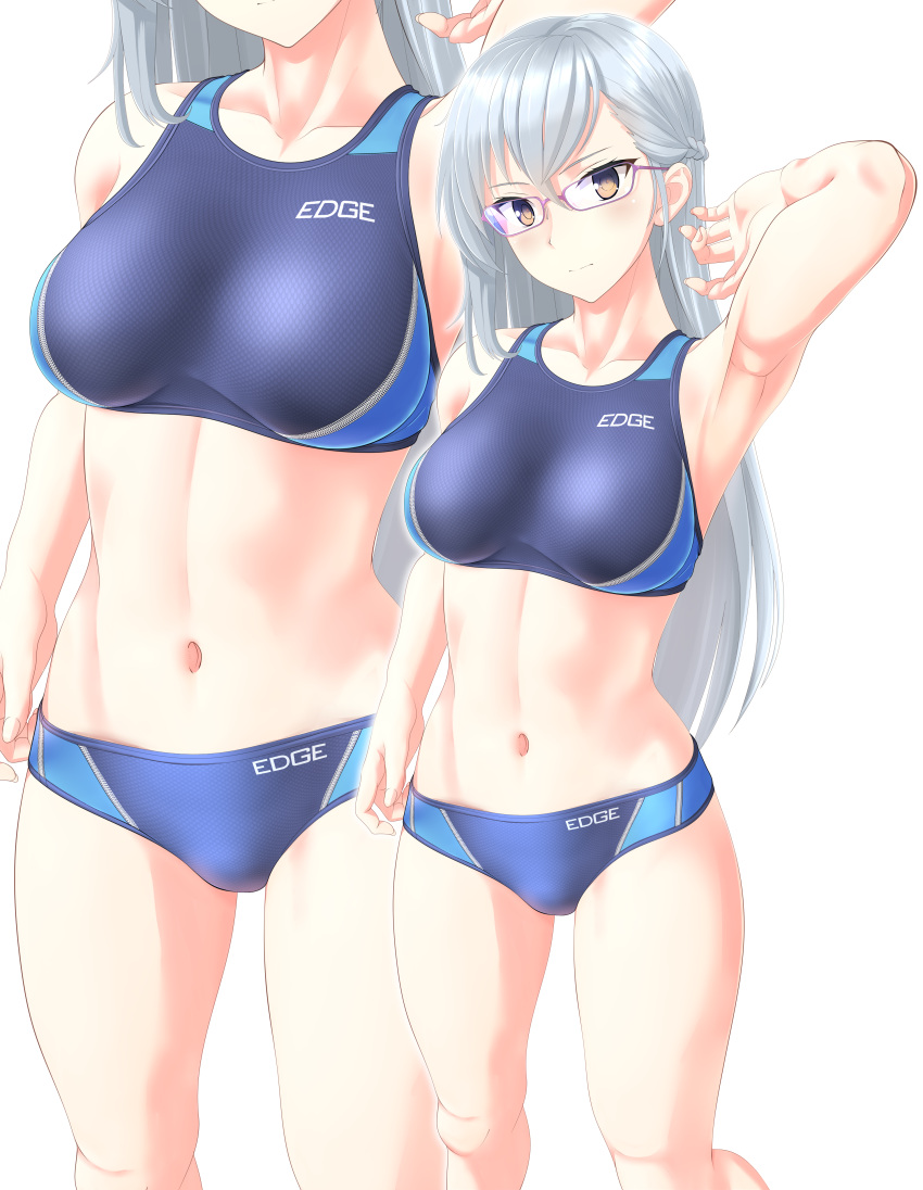 1girl, abs, absurdres, bikini, blue_bikini, breasts, brown_eyes, clothes_writing, competition_swimsuit, covered_navel, cowboy_shot, glasses, highres, kitora_mirja, long_hair, medium_breasts, multicolored, multicolored_clothes, multiple_views, one-piece_swimsuit, silver_hair, simple_background, sports_bikini, standing, swimsuit, takafumi, toji_no_miko, white_background, zoom_layer