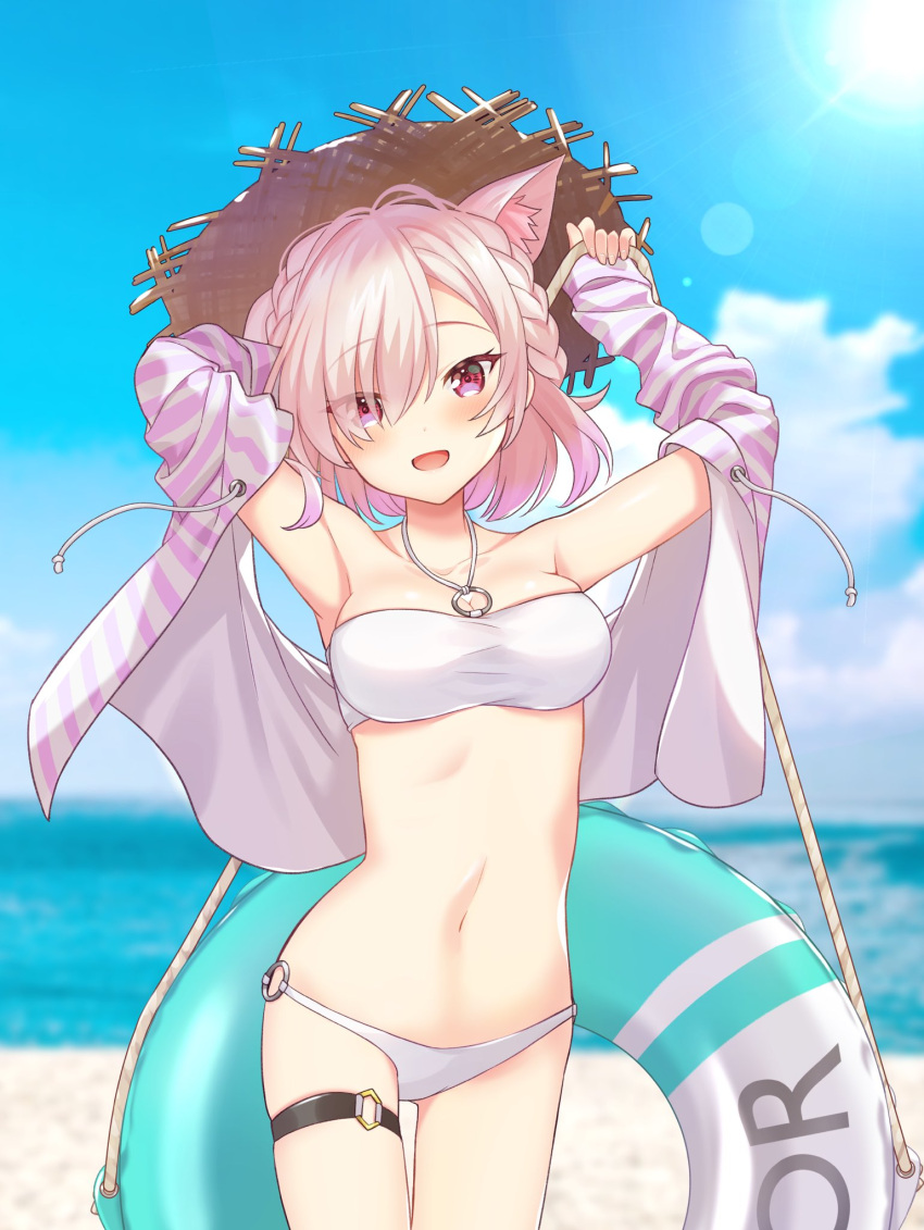 1girl, animal_ear_fluff, animal_ears, armpits, artist_request, bare_shoulders, beach, bikini, braid, cat_ears, cat_tail, crown_braid, day, drawstring, eyes_visible_through_hair, halter_top, halterneck, hat, highres, innertube, jacket, mitsurugi_lia, navel, o-ring, o-ring_bikini, o-ring_bottom, o-ring_top, ocean, pink_eyes, pink_hair, short_hair, smile, solo, straw_hat, striped, striped_jacket, swimsuit, tail, thigh_strap, wactor_production, white_bikini