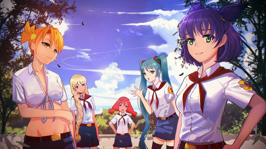 5girls, :d, :o, aqua_eyes, aqua_hair, artist_request, bangs, belt