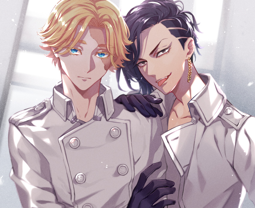 2boys, asymmetrical_hair, bangs, black_eyes, black_gloves, black_hair, blonde_hair, blue_eyes