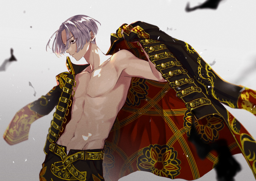 1boy, bangs, black_coat, black_eyes, black_pants, closed_mouth, coat, coat_on_shoulders