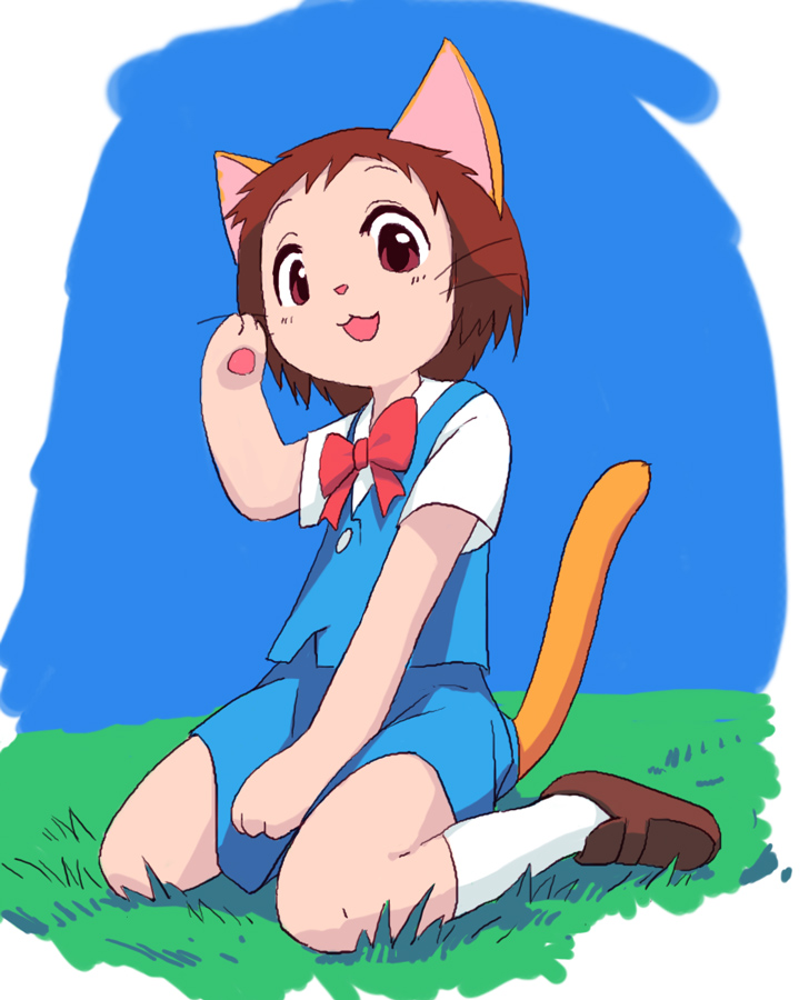 cat_paws, cat_tail, furry, grass, kemonomimi_mode, neko_no_ongaeshi, paws, ringoman, school_uniform, sitting, socks, solo, studio_ghibli, tail, wariza, white_legwear, white_socks, yoshioka_haru