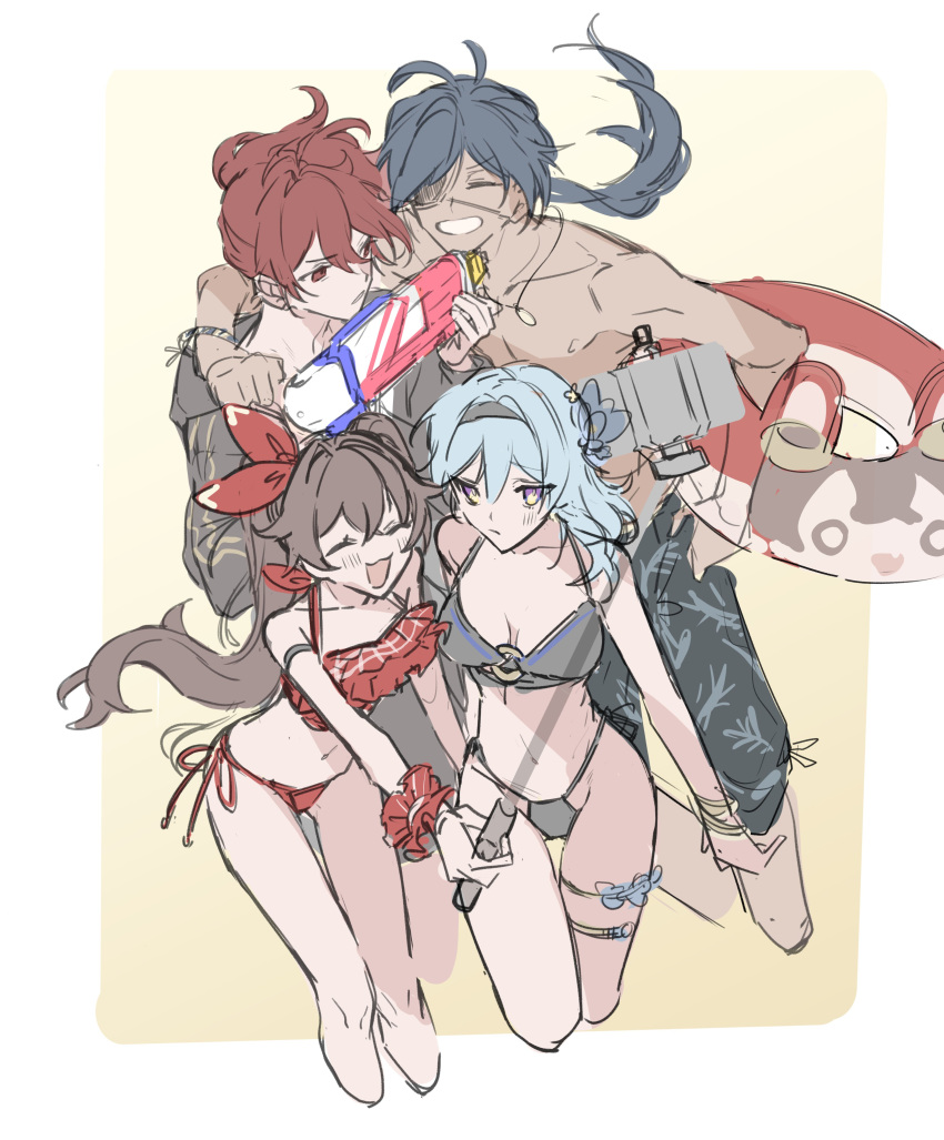 2boys, 2girls, :3, absurdres, amber_(genshin_impact), aqua_hair, bangs, bikini, black_bikini, black_jacket, blue_hair, breasts, brown_hair, closed_eyes, closed_mouth, dark-skinned_male, dark_skin, diluc_(genshin_impact), eula_(genshin_impact), eyepatch, genshin_impact, hair_between_eyes, hairband, highres, holding, honeymilk0252, innertube, jacket, jewelry, kaeya_(genshin_impact), large_breasts, long_hair, multiple_boys, multiple_girls, necklace, open_mouth, red_bikini, red_eyes, redhead, scrunchie, shirtless, shorts, side-tie_bikini, simple_background, sketch, swimsuit, thigh_strap, two-tone_background, violet_eyes, water_gun, wrist_scrunchie