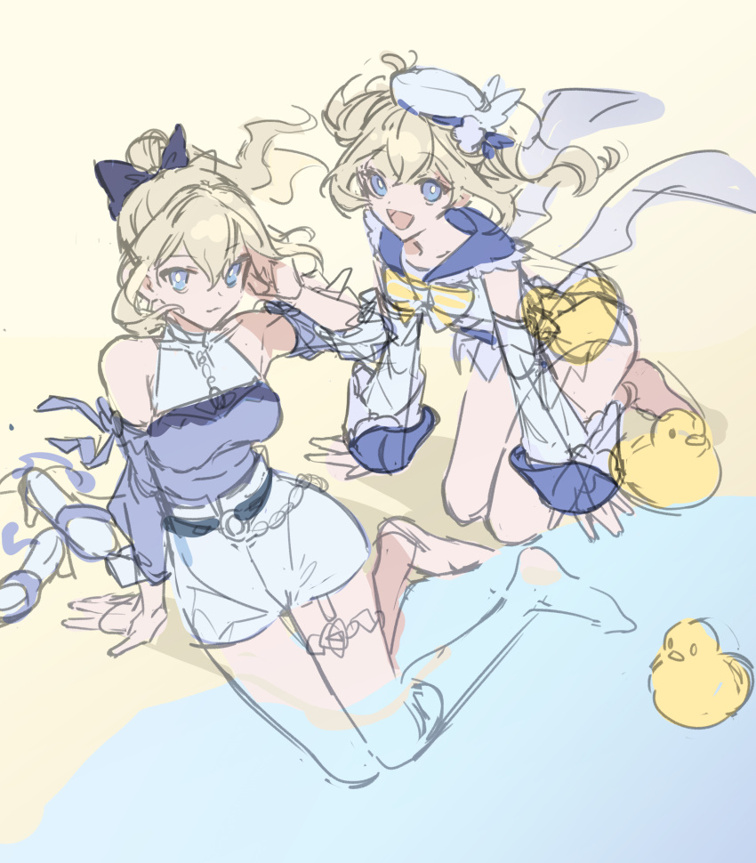 2girls, absurdres, bangs, barbara_(genshin_impact), barbara_(summertime_sparkle)_(genshin_impact), barefoot, blue_eyes, bow