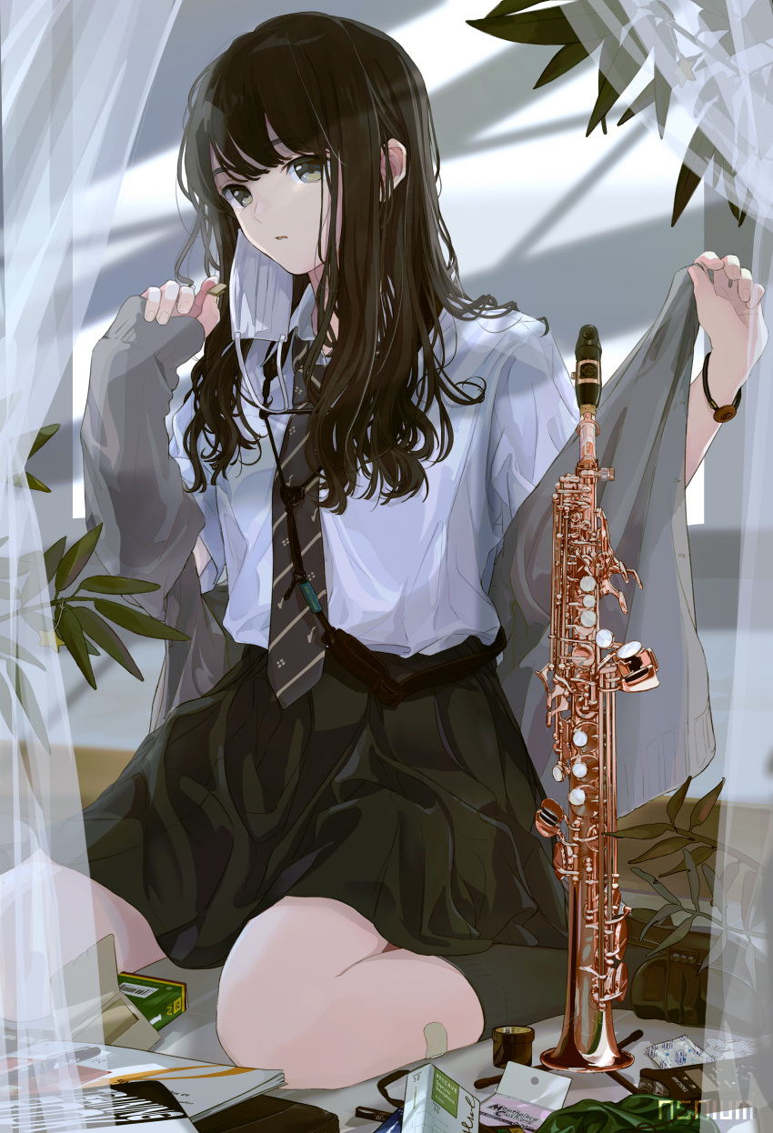 1girl, absurdres, adjusting_clothes, asai_umi, bangs, black_hair, black_legwear, black_neckwear