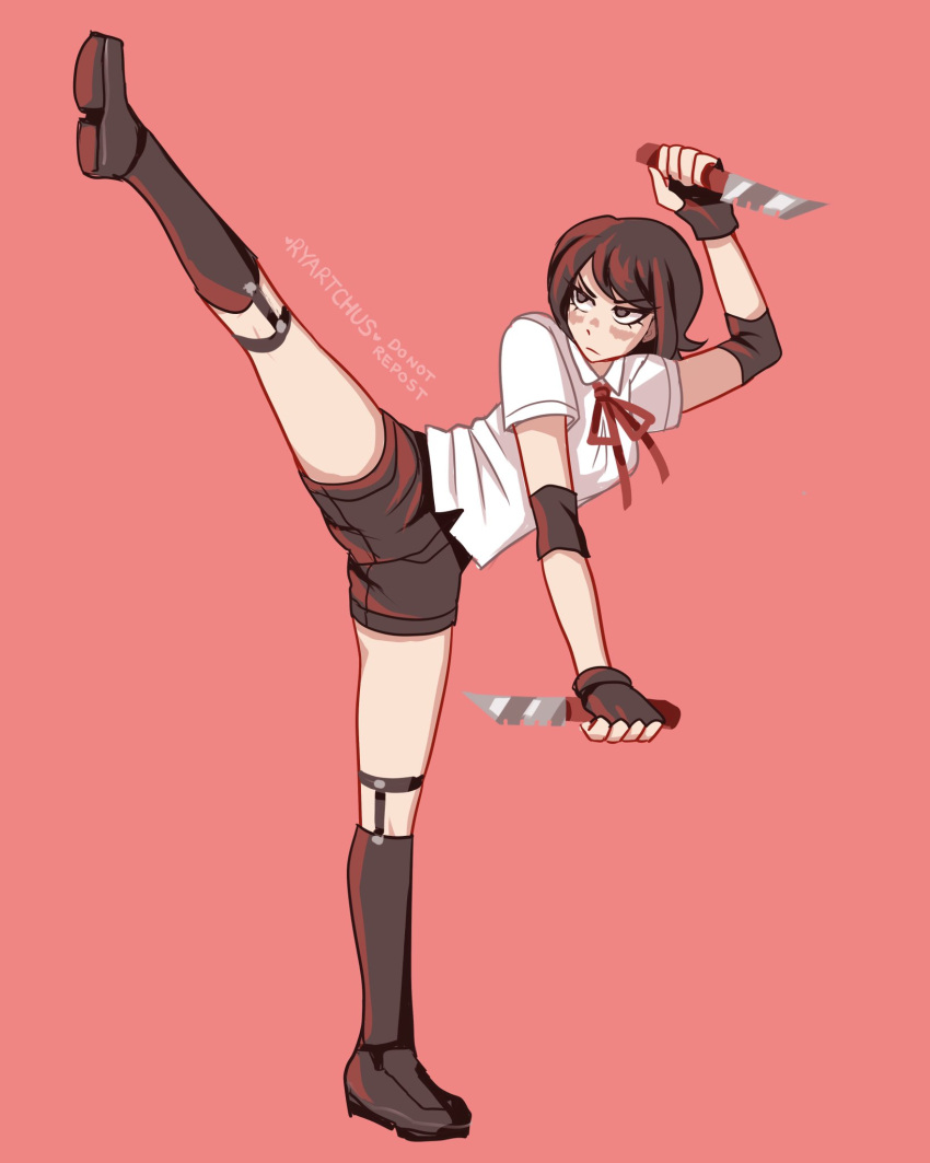 1girl, alternate_costume, arm_up, artist_name, bangs, black_footwear, black_gloves, black_hair, blush, breasts, brown_hair, commentary, dangan_ronpa:_trigger_happy_havoc, dangan_ronpa_(series), fingerless_gloves, gloves, highres, holding, holding_knife, holding_weapon, ikusaba_mukuro, kneehighs, knife, leg_up, looking_up, neck_ribbon, red_background, red_ribbon, ribbon, ryyy_(ryartchus), short_hair, short_shorts, short_sleeves, shorts, simple_background, small_breasts, solo, split, standing, standing_on_one_leg, standing_split, v-shaped_eyebrows, watermark, weapon