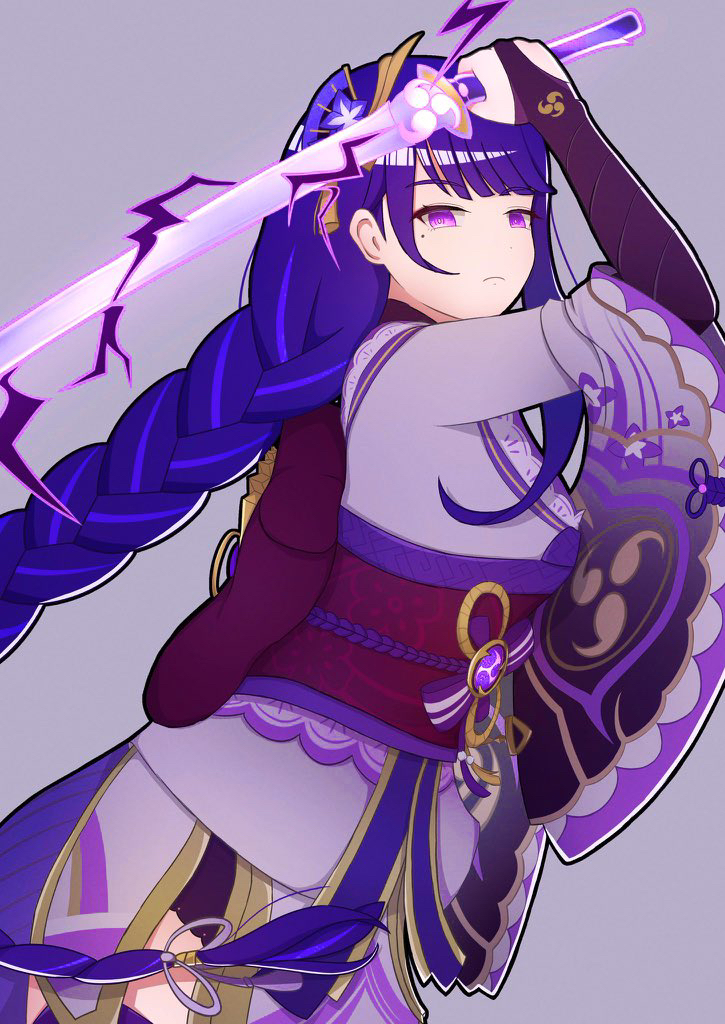 1girl, bangs, braid, breasts, bridal_gauntlets, closed_mouth, commentary_request, electricity