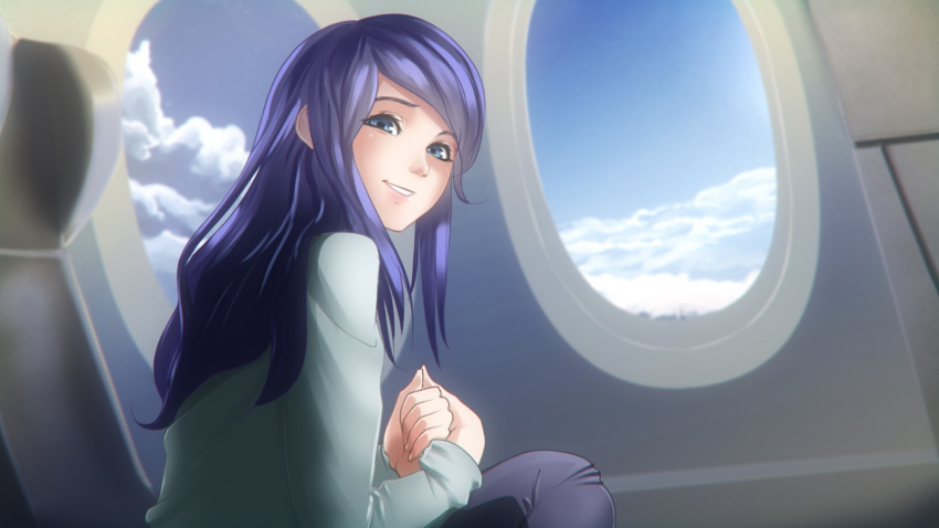 1girl, aircraft, airplane, airplane_interior, artist_request, bangs, blue_eyes, blue_sky