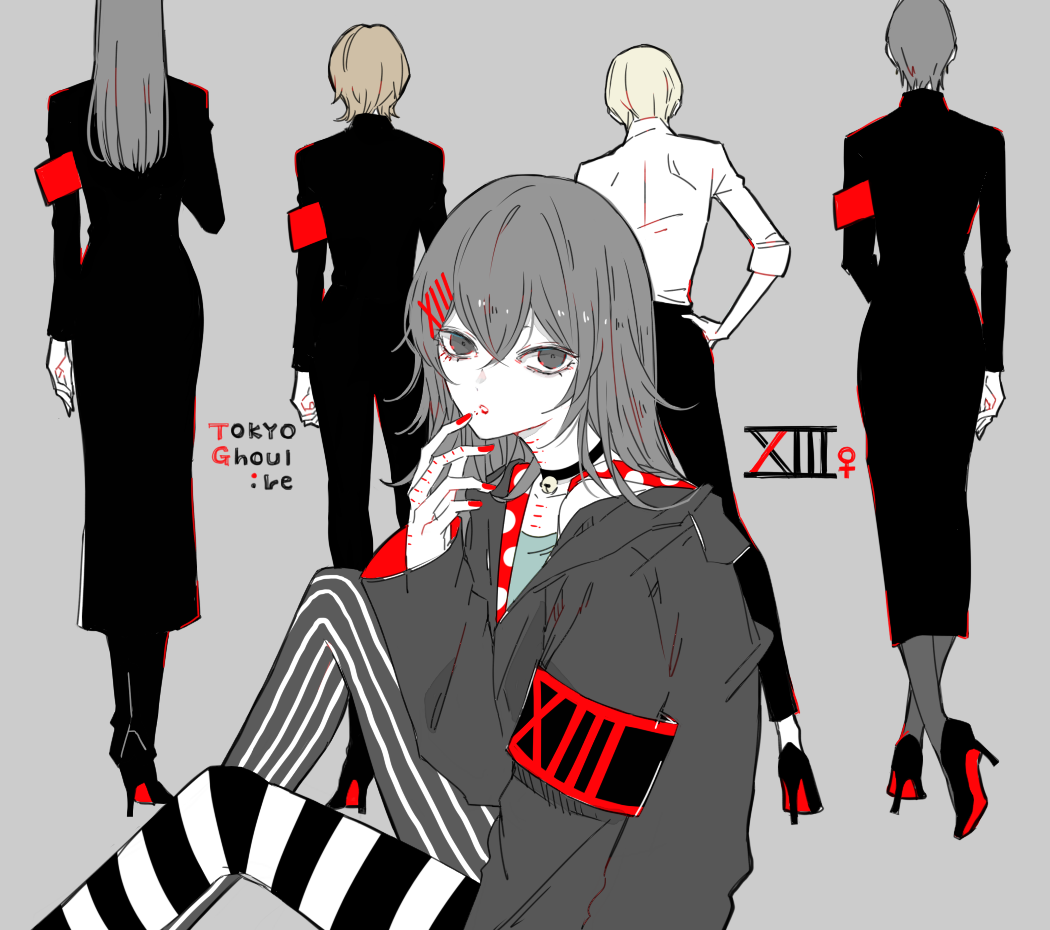 5girls, :o, abara_hanbee, awara_kayu, bangs, black_armband, black_choker, black_dress
