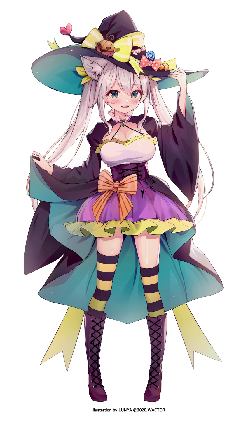 1girl, absurdres, alternate_hairstyle, animal_ears, boots, bubble_skirt, cat_ears, green_eyes