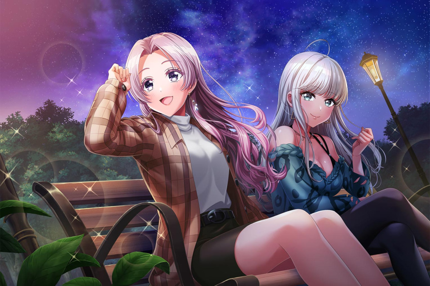 2girls, blue_eyes, blush, brown_eyes, d4dj, dress, grey_hair, long_hair
