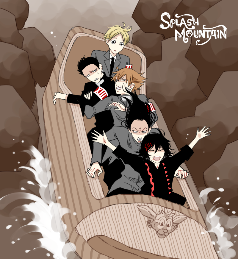 5boys, :d, abara_hanbee, armband, awara_kayu, bangs, black_hair, black_shirt