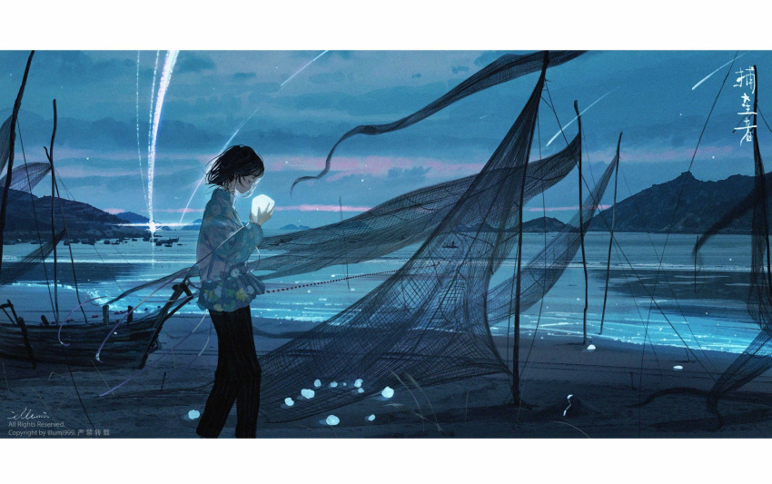 1girl, artist_name, bangs, beach, black_pants, boat, brown_hair, closed_eyes