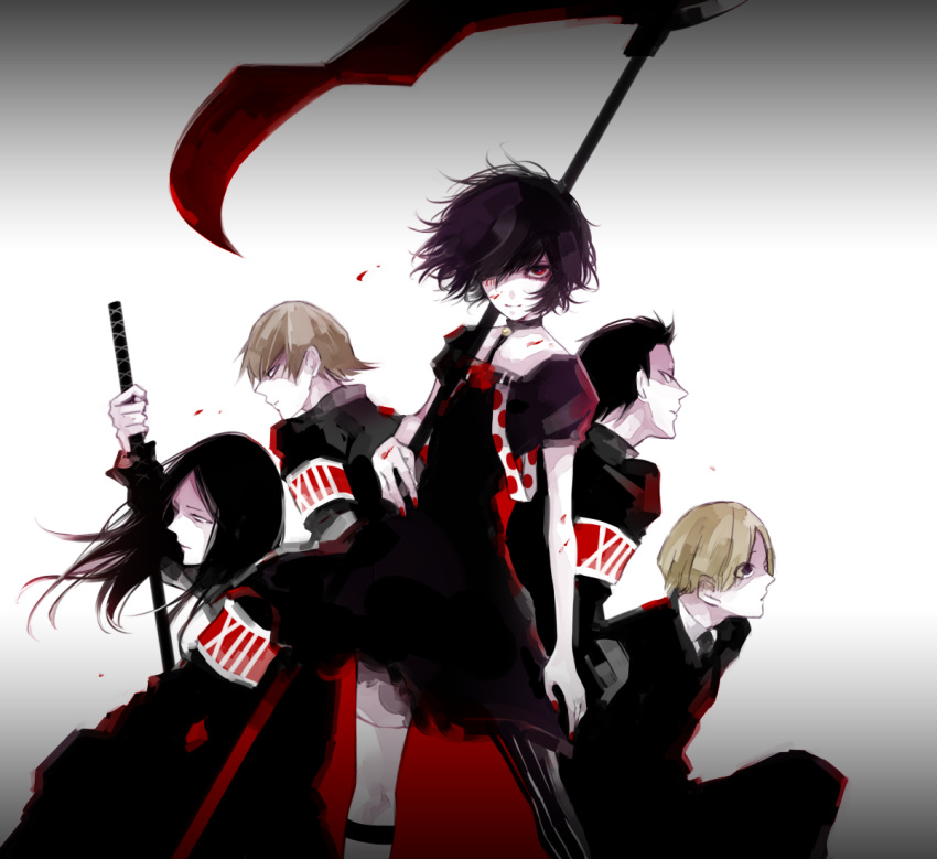 5boys, abara_hanbee, androgynous, awara_kayu, bangs, black_choker, black_dress, black_hair, black_legwear, blonde_hair, blood, brown_hair, choker, collarbone, commentary_request, crossdressinging, dress, from_side, gradient, gradient_background, grey_background, hair_ornament, hair_over_one_eye, holding, holding_scythe, holding_sword, holding_weapon, katana, knee_strap, long_sleeves, looking_at_viewer, male_focus, mikage_miyuki, multiple_boys, nakarai_keijin, otoko_no_ko, pale_skin, parted_bangs, puffy_short_sleeves, puffy_sleeves, red_armband, roman_numeral, scythe, short_dress, short_hair, short_sleeves, smile, stitches, striped, striped_legwear, suzuya_juuzou, sword, tamaki_mizurou, tokyo_ghoul, tokyo_ghoul:re, weapon, white_armband, white_background