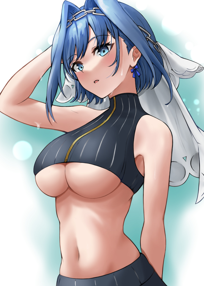 1girl, absurdres, arm_behind_head, bangs, bare_arms, bare_shoulders, blue_eyes, blue_hair