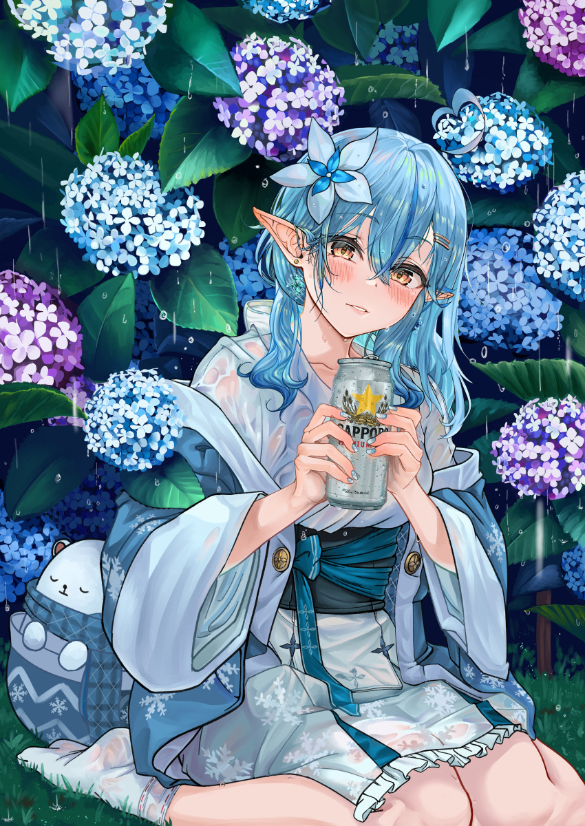 1girl, absurdres, bangs, blue_coat, blue_flower, blue_hair, blue_nails, blue_ribbon