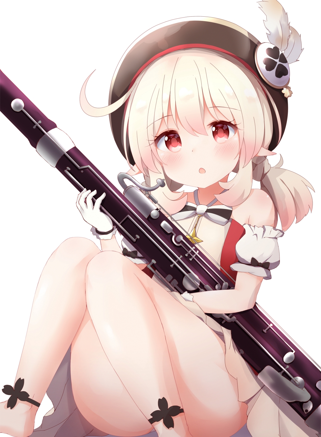 1girl, ahoge, ass, bangs, bassoon, clover_print, commentary_request, eyebrows_visible_through_hair